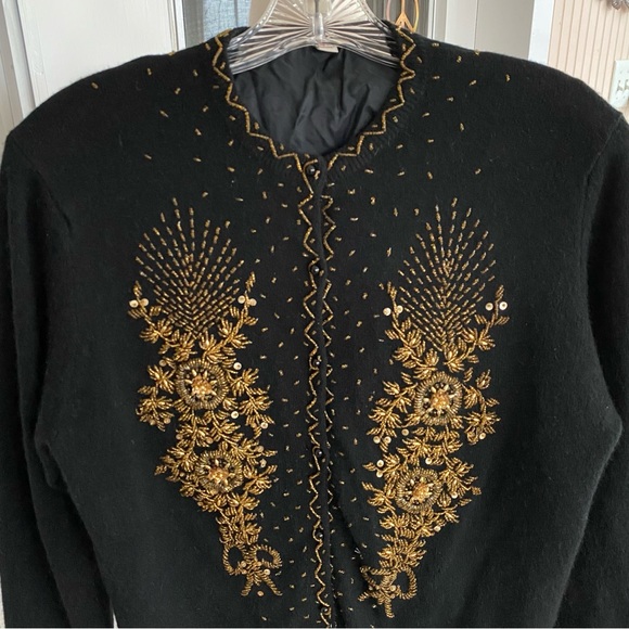 Vintage Sweaters - Vintage beaded wool, black sweater with gold beading
